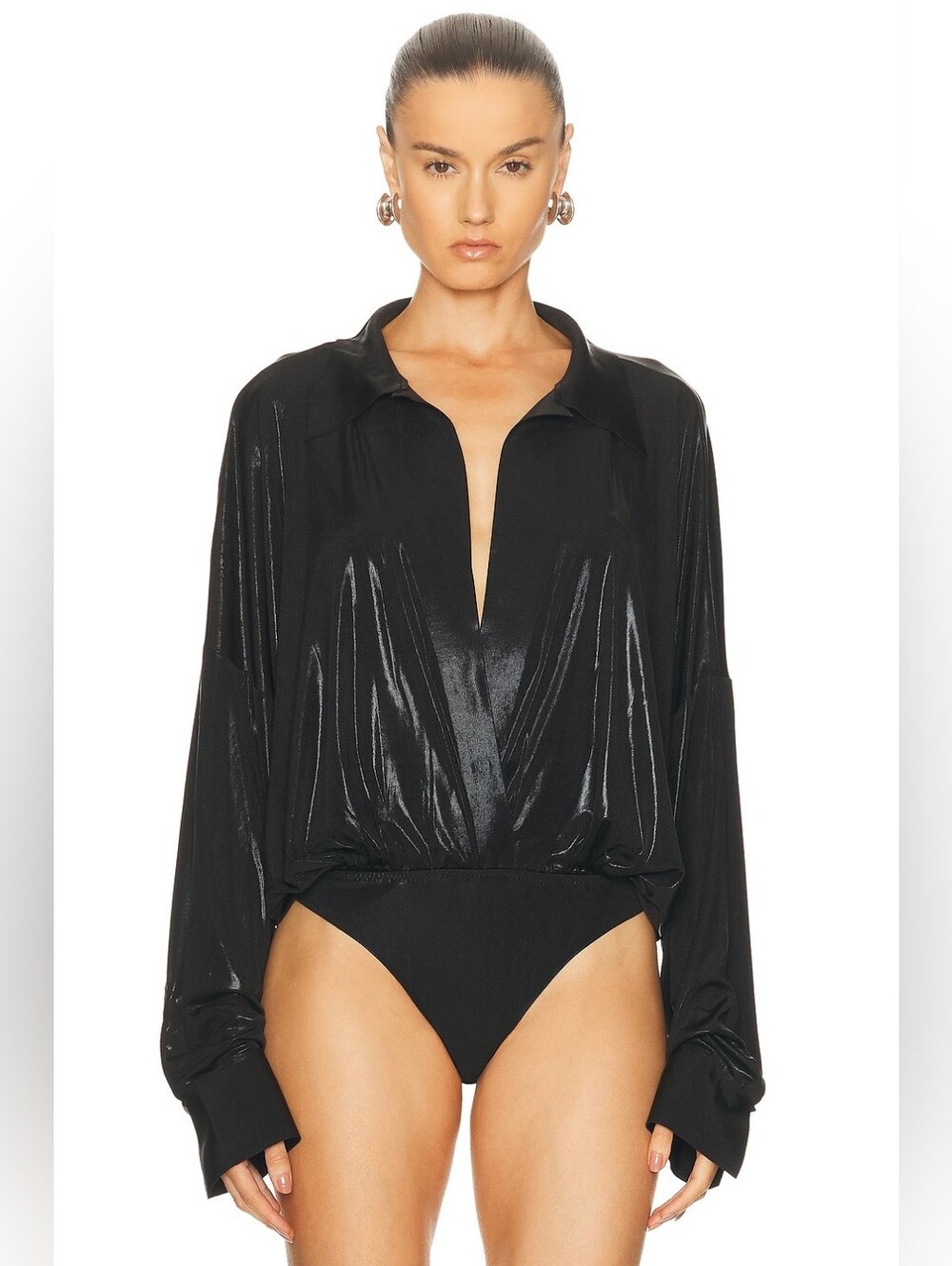 NWT $295 Norma Kamali Super Oversized Boyfriend Shirt Bodysuit XS Black